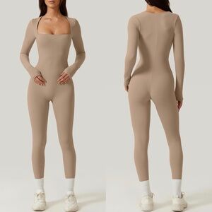 Quinsen • Nude long sleeve square neck jumpsuit